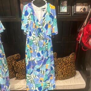 Maggy London Blue and Green Flutter Sleeve Midi Sundress